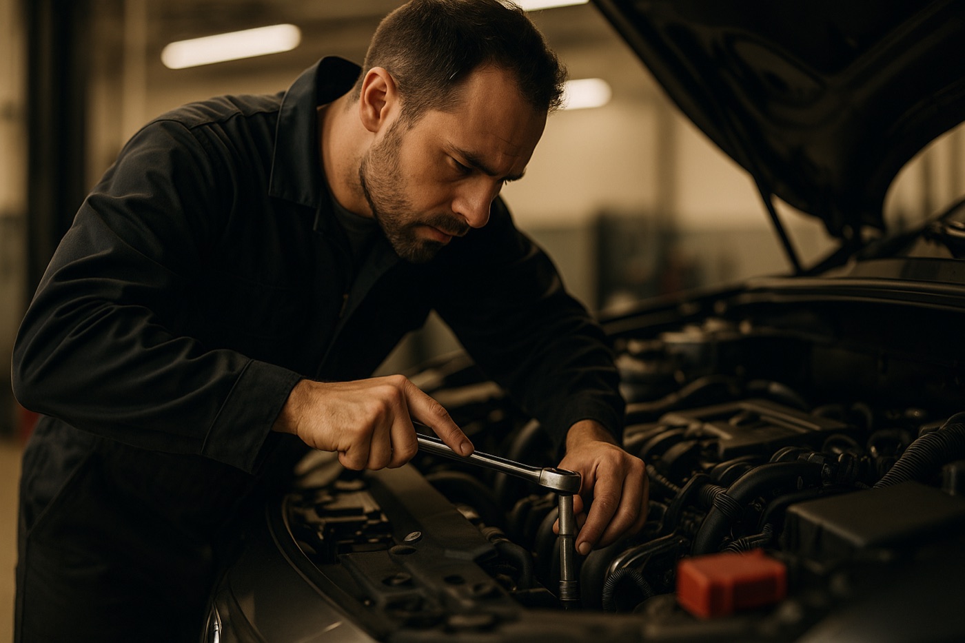 Mechanic working on an engine bay
